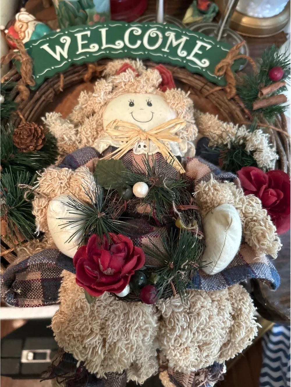 Handmade Welcome Door Decoration with Plush Doll and Floral Accents